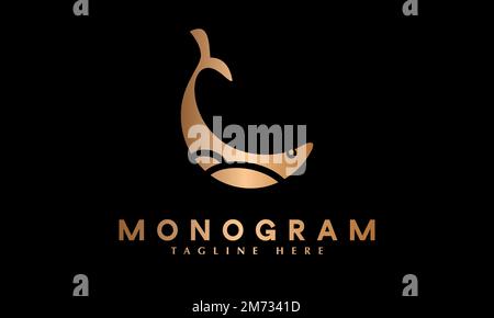 Vorlage für Vektormonogramme mit goldenem Fischlogo Stock Vektor