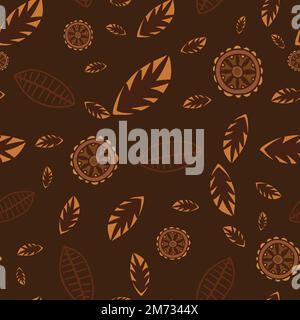 Ethnisches Blumenmuster, nahtlos, mit handgezeichneten Tribal-Elementen auf dunkelbraunem Hintergrund. Stock Vektor