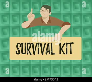 Inspiration mit Signage Survival Kit. Konzept bedeutet Notfallausrüstung Sammlung von Gegenständen, um jemandem zu helfen Stockfoto