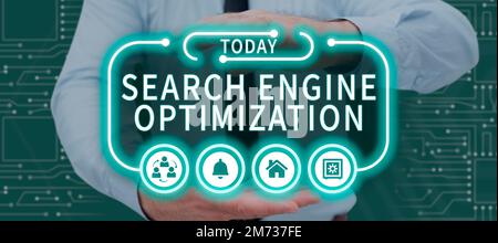 Text, der Inspiration Search Engine Optimization anzeigt. Geschäftskonzept Zunahme von Traffic und Analysen auf Unternehmensseiten Stockfoto
