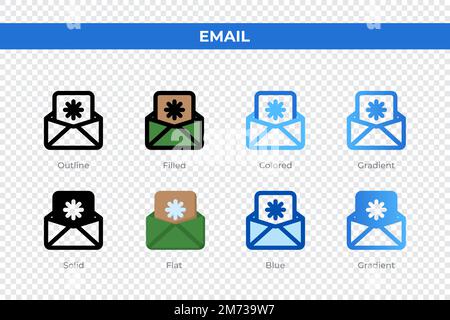 E-Mail-Symbole in einem anderen Stil. E-Mail-Symbole festgelegt. Feiertagssymbol. Verschiedene Stilsymbole festgelegt. Vektordarstellung Stock Vektor