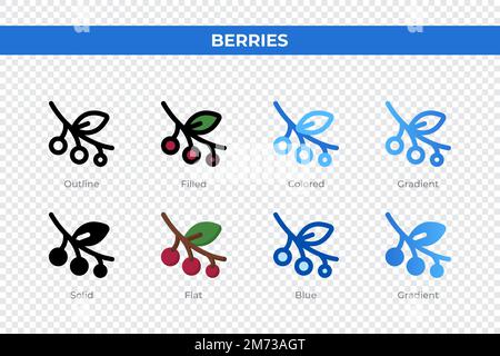 Beerensymbole in einem anderen Stil. Beerensymbole gesetzt. Feiertagssymbol. Verschiedene Stilsymbole festgelegt. Vektordarstellung Stock Vektor