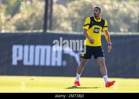 Marbella, Spanien. 07. Januar 2023. Fußball: Borussia Dortmund Trainingslager, Dortmunds Sebastien Haller geht über das Spielfeld. Kredit: David Inderlied/dpa/Alamy Live News Stockfoto