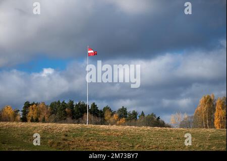 Die lettische Nationalflagge flattert auf einem hohen Mast vor dem Hintergrund der herbstlichen Natur und des bewölkten Himmels Stockfoto