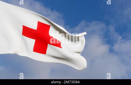 Flagge des Roten Kreuzes auf blauem Himmel. 3D Werk und 3D Bild, Eriwan, Armenien - 2023. Januar 07 Stockfoto