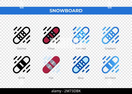 Snowboard-Symbole in einem anderen Stil. Snowboard-Symbole eingestellt. Feiertagssymbol. Verschiedene Stilsymbole festgelegt. Vektordarstellung Stock Vektor