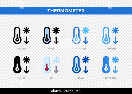 Thermometersymbole in verschiedenen Stilen. Thermometersymbole eingestellt. Feiertagssymbol. Verschiedene Stilsymbole festgelegt. Vektordarstellung Stock Vektor