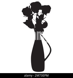 Rosenblütenstrauß in Vase, schwarze Silhouette, Vektorzeichnung Stock Vektor