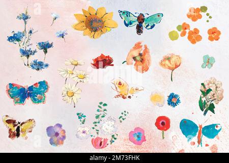 Handgezeichnete Schmetterlinge und Blumen Vektorsammlung Stock Vektor