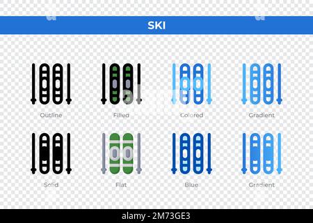 Skisymbole in einem anderen Stil. Skisymbole eingestellt. Feiertagssymbol. Verschiedene Stilsymbole festgelegt. Vektordarstellung Stock Vektor