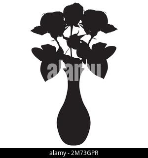 Rosenblütenstrauß in Vase, schwarze Silhouette, Vektorzeichnung Stock Vektor
