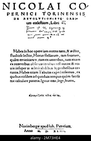 Nicolaus Copernicus (1473-1543), polnischer Mathematiker und Astronomer. Titelseite aus der ersten Ausgabe von Copernicus' Buch "De revolutionibus". Nach dem am Königlichen Observatorium in Berlin, , (Evolutionsbuch, 1894), gehaltenen Exemplar, Nikolaus Kopernikus (1473-1543), Polnischer Astronom, Mathematiker, preußischer Politiker und Kirchenfunktionär der Renaissance. Titelblatt aus der ersten Ausgabe des Buches 'De revolutionibus' des Kopernikus. Nach dem auf der Kgl. Sternwarte zn Berlin aufbewahrten Exemplar, Nicolas Copernic (1473-1543), médecin et Astronome polonais. Page de titre de la premi Stockfoto