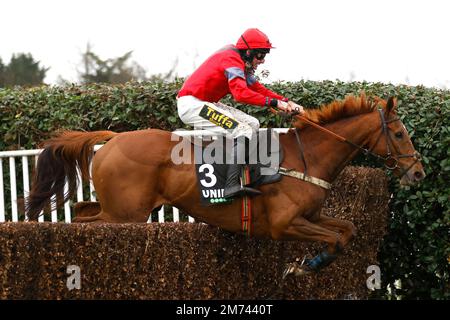 Red reitete von Jockey Marc Goldstein auf dem Weg, den Read Nicky Henderson's Unibet Blog Handicap Chase in Sandown Park, Surrey, zu gewinnen. Foto: Samstag, 7. Januar 2023. Stockfoto