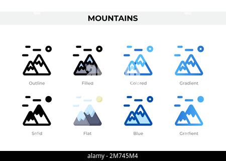 Berglymbole in einem anderen Stil. Gebirgssymbole gesetzt. Feiertagssymbol. Verschiedene Stilsymbole festgelegt. Vektordarstellung Stock Vektor