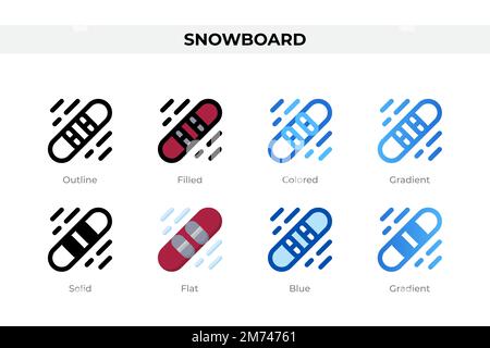 Snowboard-Symbole in einem anderen Stil. Snowboard-Symbole eingestellt. Feiertagssymbol. Verschiedene Stilsymbole festgelegt. Vektordarstellung Stock Vektor