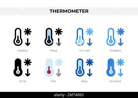 Thermometersymbole in verschiedenen Stilen. Thermometersymbole eingestellt. Feiertagssymbol. Verschiedene Stilsymbole festgelegt. Vektordarstellung Stock Vektor