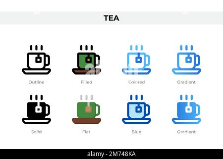 Teesymbole in einem anderen Stil. Teesymbole eingestellt. Feiertagssymbol. Verschiedene Stilsymbole festgelegt. Vektordarstellung Stock Vektor