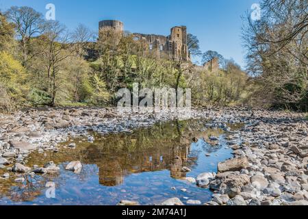 Die Ruinen von Barnard Castle, Teesdale und seine Reflexion in den River Tees. Stockfoto