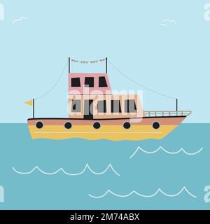 skandinavische Darstellung einer Motoryacht auf blauem Meer, scandi-Vektorzeichnung für Kinder Stock Vektor