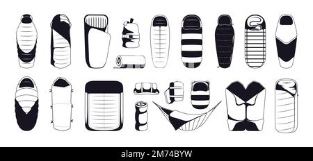 Schwarze Schlafsack-Symbole. Einfache, einfarbige Silhouetten aus komfortablen Reise-Schlafgeräten, Trip Camping Matten Rollen. Vektorsammlung von BA Stock Vektor