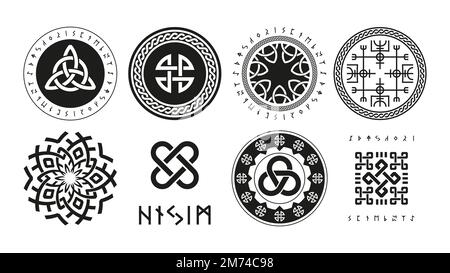 Nordisches Runenlogo. Skandinavische heidnische esoterische Religionssymbole, wikingerschutzrune Triquetra yggdrasil vegvisir Fuchark Valknut Ikonen. Vector nord Stock Vektor