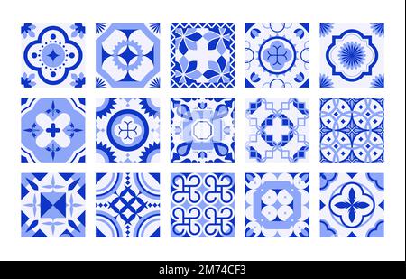 Portugal Fliesen. Mediterranes Mosaik, marineblaues Ornament, traditionelle Blumenkeramik für Inneneinrichtung, quadratische Flickenteppiche. Isolierter Vektor o Stock Vektor