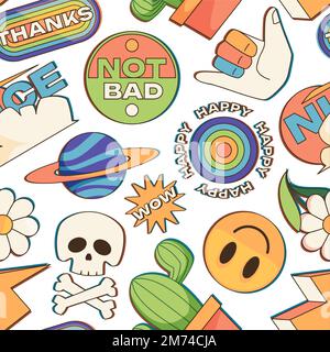 Trendiges Muster von Patches. Nahtloser Druck mit abstrakten Comic-Aufklebern in verschiedenen Formen, modernes Kritzeletikett und Briefmarkendesign für die Verpackung. Vektortext Stock Vektor