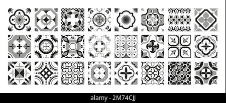 Schwarze Zierfliesen. Portugal traditionelles geometrisches Mosaikmosaikdesign, dekoratives Patchwork-Oberfläche mediterranes Motiv. Vektorsammlung von p Stock Vektor