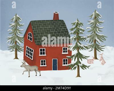 Handgezeichnetes rotes Haus umgeben von wilden Tieren in einem verschneiten Wald Stock Vektor