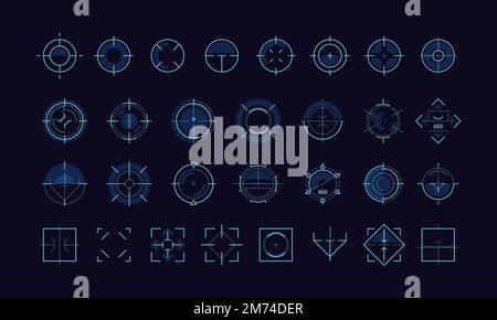 Zielzeiger-ui. Futuristischer HUD-Zielradarrahmen, Militärwaffen-Scharfschützen-Cursor, virtuelles Hologrammelement für Dashboard-Infografik-Gaming-Design. Ve Stock Vektor