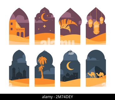 Islamische Bögen. Orientalische dekorative Fenster mit arabischem Moschee-Gebäude, BHutrahmen mit authentischer arabischer Landschaft und Architektur. Vektor s Stock Vektor