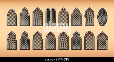 Dekorative arabische Fenster. Traditionelle islamische Bögen mit orientalischem arabischen Motivmuster und dekorativem Architekturrahmen im Vintage-Stil. Vektor i Stock Vektor