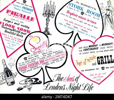 Eine Werbung mit dem Titel „The Aces of London’s Night Life“ aus dem frühen Jahr 1960er, in der eine Gruppe modischer Nachtclubs und Restaurants im West-End gefördert wird, darunter Pigalle in Piccadilly, Al Burnett's Stork Room, The Society Restaurant, Zodiac Cocktail Bar und Bar of Music and Grill. Das Design erinnert sehr an die Zeit. Stockfoto