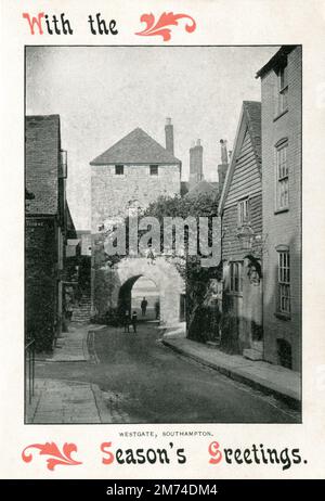 Southampton, Hampshire. Etwa 1910. Eine antike Grußkarte mit dem Westtor von Southampton. Es trägt auch die Überschrift „mit den Grüßen der Saison“. Das Westtor stammt aus dem späten 14. Jahrhundert und war eines der Haupttore von Southampton im Mittelalter. Sie führte direkt zum West Quay, dem einzigen kommerziellen Kai der Stadt. Stockfoto