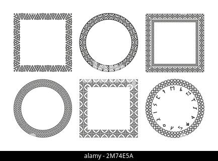 Nordische Runenrahmen. Dekorativer skandinavischer Futhark mit Runensymbolen, dekorativer keltischer wikingermotiv im Norden. Vektorsammlung Stock Vektor