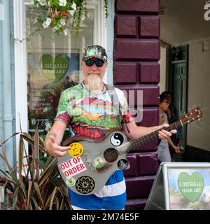 Street Performer Gitarrenspieler Glastonbury Stockfoto