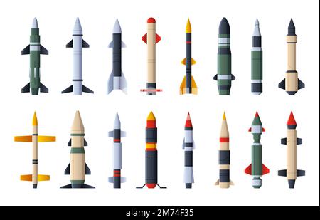 Raketensammlung. Militärflugzeug-Sprengkopf, explosive Raketen, ballistische Raketen und Artillerie-Geschosse, Kriegsausrüstung. Vektor f Stock Vektor