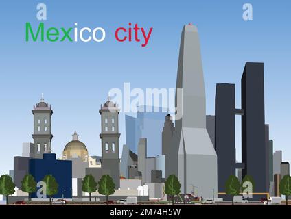 Mexikanische Skyline mit Gebäuden, Himmel. Geschäftsreise und Tourismuskonzept. Bild für Präsentation, Banner, Plakat und Website. Vektordarstellung Stock Vektor