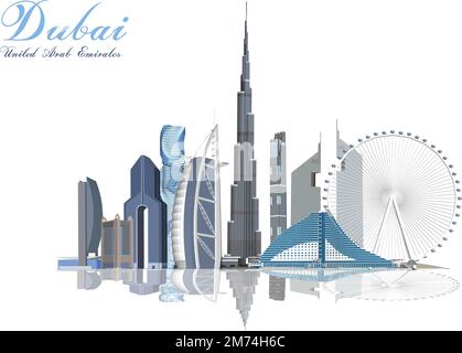 Die Skyline von Dubai mit Panoramablick im Hintergrund des Himmels. Vektordarstellung. Geschäftsreise- und Tourismuskonzept mit modernen Gebäuden. Bild für Banner oder wir Stock Vektor