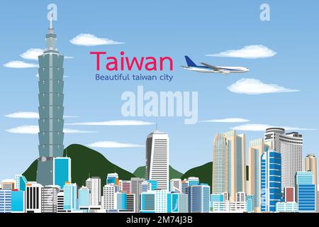 Reisen Sie Asiens Wahrzeichen Stadt Taiwan Taipei auf blauem Hintergrund mit Flugzeug und Segelboot, Tour China mit Panorama populären Hauptstadt, Origami Papier ar Stock Vektor