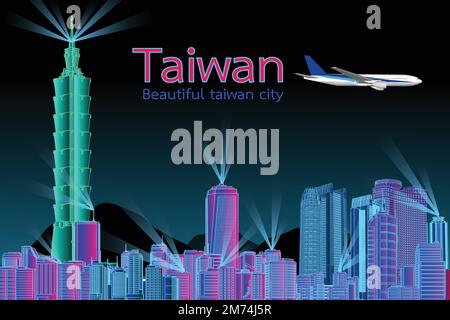 Reisen Sie Asiens Wahrzeichen Stadt Taiwan Taipei auf blauem Hintergrund mit Flugzeug und Segelboot, Tour China mit Panorama populären Hauptstadt, Origami Papier ar Stock Vektor
