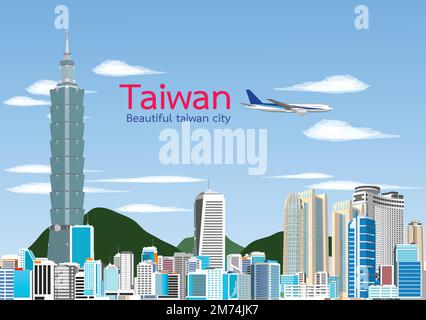 Reisen Sie Asiens Wahrzeichen Stadt Taiwan Taipei auf blauem Hintergrund mit Flugzeugen und Segelbooten, Tour China mit Panorama populärer Hauptstadt, Origami Papier ar Stock Vektor
