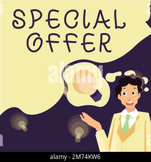 Handschriftliches Schild Sonderangebot. Wortschreibung zu Rabattpreisen, Preisnachlässen, Werbeartikel, verrückte Angebote Stockfoto