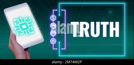 Ein Zeichen, das die Wahrheit zeigt. Geschäftskonzept die Qualität oder der Zustand ist das genaue Gegenteil von Lügen und Fakten Stockfoto