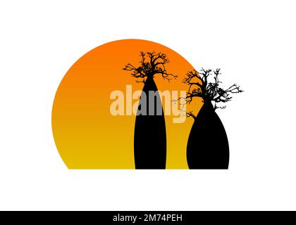 Boab- oder Baobab-Baumset Vektorbäume Silhouette Logo-Symbol, Illustrationsschild isoliert auf Sonnenuntergang Hintergrund Stock Vektor