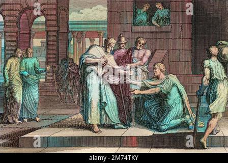 Bibel par le Sieur de Royaumont, Nouveau Testament : Corneille taptise. Corneille le Centenier (Centurion) recoit la foi de Jesus Christ, et est taptise par Saint Pierre. Gravure de 1811 - Bible de Royaumont, Neues Testament : Cornelius wird getauft. Cornelius, der Centurion, empfängt den Glauben Jesu Christi und wird vom Heiligen Petrus getauft. Gravur - spätere Färbung Stockfoto