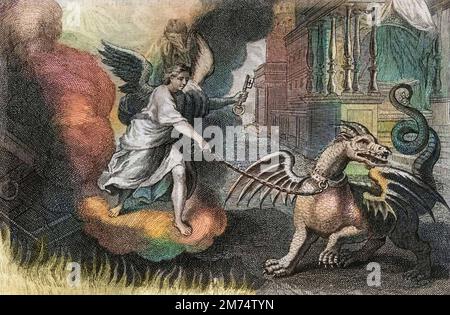 Bibel par le Sieur de Royaumont, Nouveau Testament : Drachenchaine. Le Dragon de l'Apocalypse, symbole du Diable, enchaine par un Ange Tenant la cle de l'abime. Gravure de 1811 - Bible de Royaumont, Neues Testament : Drachenchaine. Der Drache der Apokalypse, Symbol des Teufels, angekettet von einem Engel, der den Schlüssel des Abgrunds hält. Gravur - spätere Färbung Stockfoto