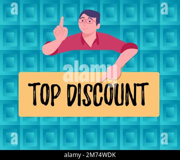 Schild mit dem oberen Rabatt. Wort geschrieben auf Best Price Guaranteed Hot Items Crazy Sale Promotions Stockfoto
