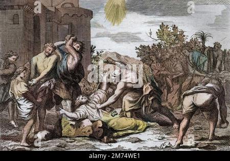 Bibel par le Sieur de Royaumont, Nouveau Testament : Mort de saint Etienne, Premier Märtyrer chretien, par lapidation. Gravure de 1811 - Bible de Royaumont, Neues Testament : Tod des Heiligen Stephen, erster christlicher Märtyrer, durch Steinigung. Gravur - spätere Färbung Stockfoto