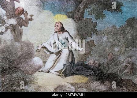 Bibel par le Sieur de Royaumont, Nouveau Testament : Jesus Christ au jardin (la priere sur le mont des oliviers). UN ange Tenant un calice apparait a Jesus. Les apotres Saint Pierre, Saint Jean et Saint Jacques sont endormis. Gravure de 1811 - Bibel de Royaumont, Neues Testament : Jesus Christus im Garten (das Gebet auf dem Ölberg). Ein Engel, der einen Kelch hält, erscheint Jesus. Die Apostel St. Peter, St. John und St. James schlafen. Gravur - spätere Färbung Stockfoto